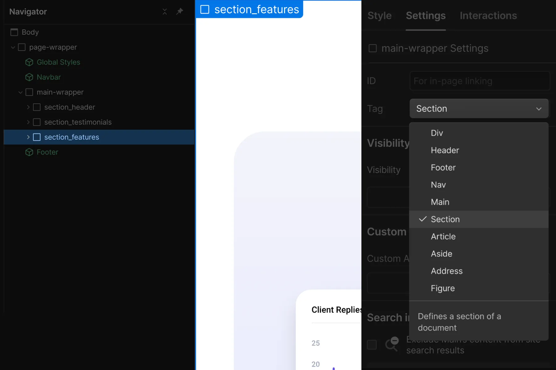 Cкриншот 4 интерфейса Webflow для раздела Стратегия Основной структуры