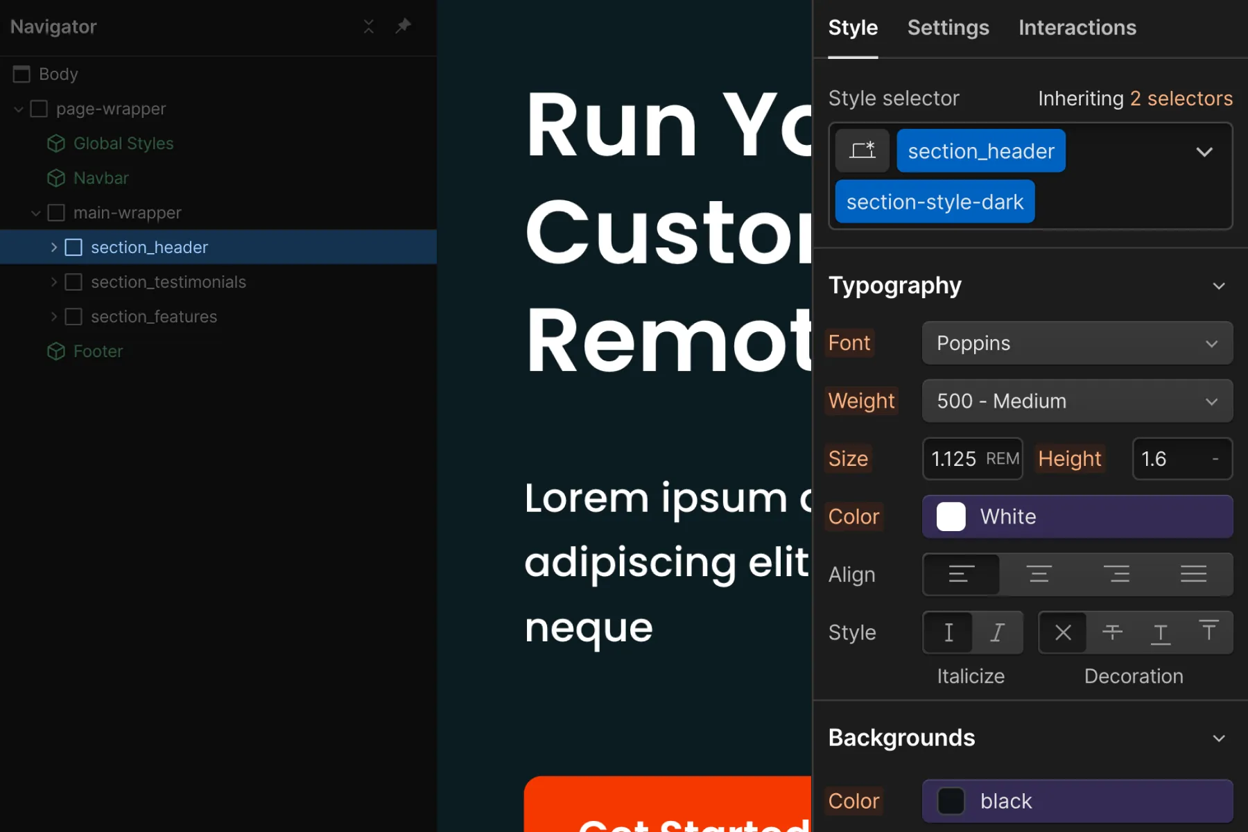 Cкриншот 5 интерфейса Webflow для раздела Стратегия Основной структуры