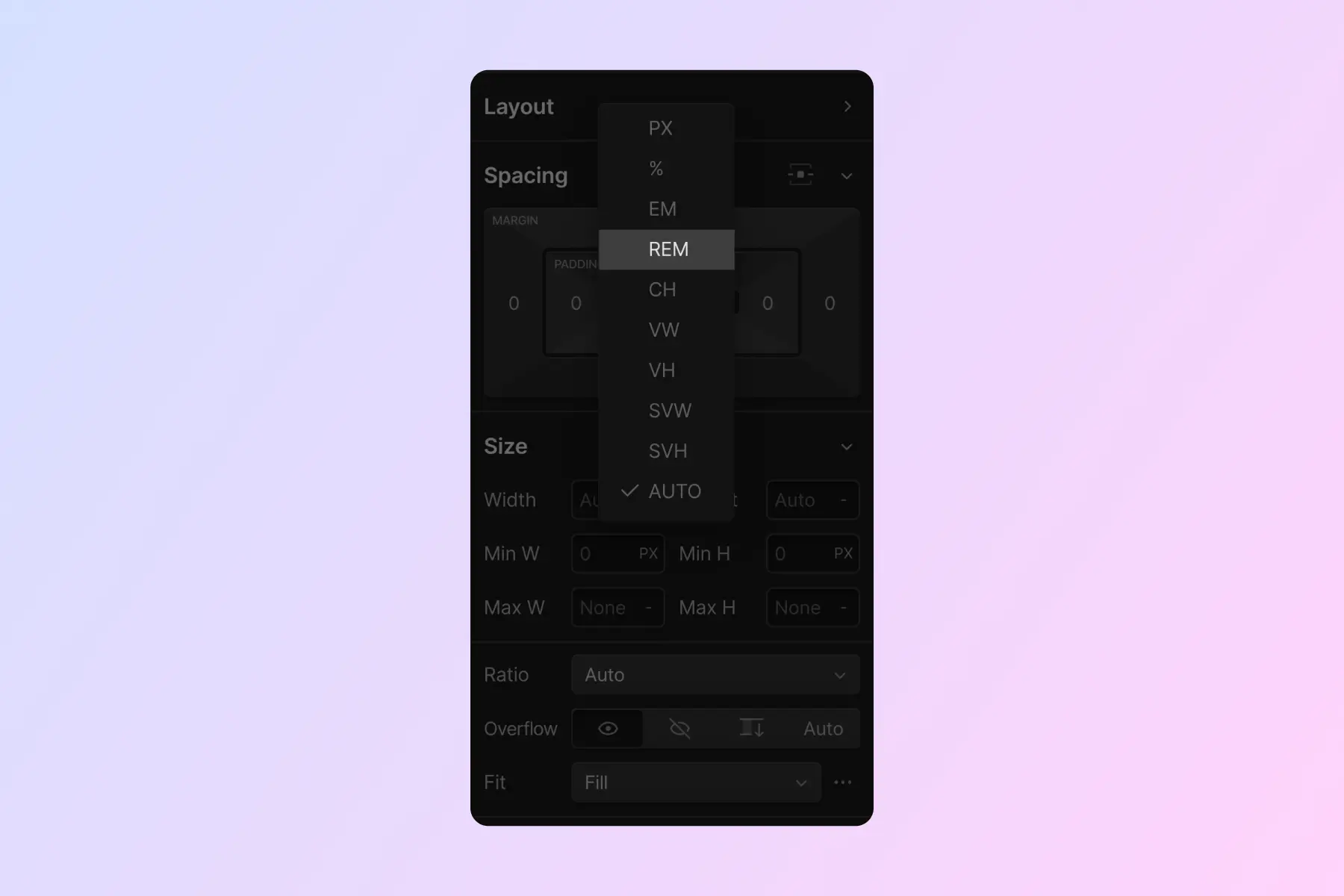 Cкриншот 1 интерфейса Webflow для раздела Размеры и rem