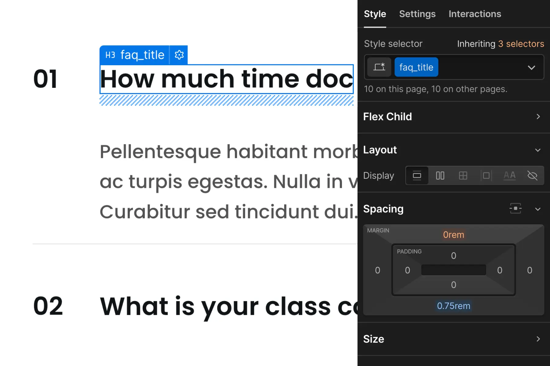Cкриншот 8 интерфейса Webflow для раздела Стратегия отступов