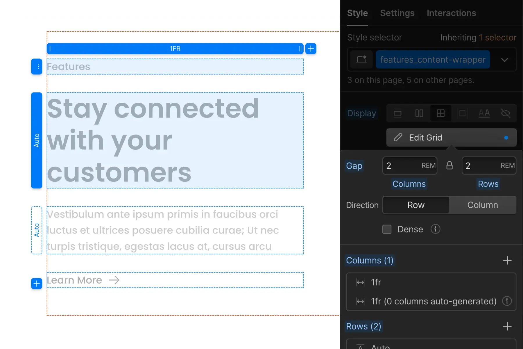 Cкриншот 9 интерфейса Webflow для раздела Стратегия отступов