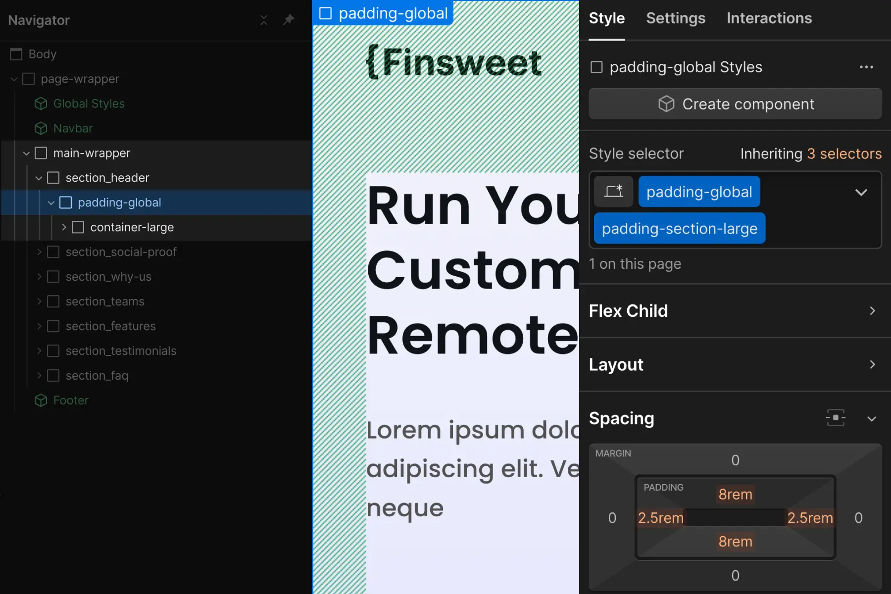 Cкриншот 14 интерфейса Webflow для раздела Стратегия отступов