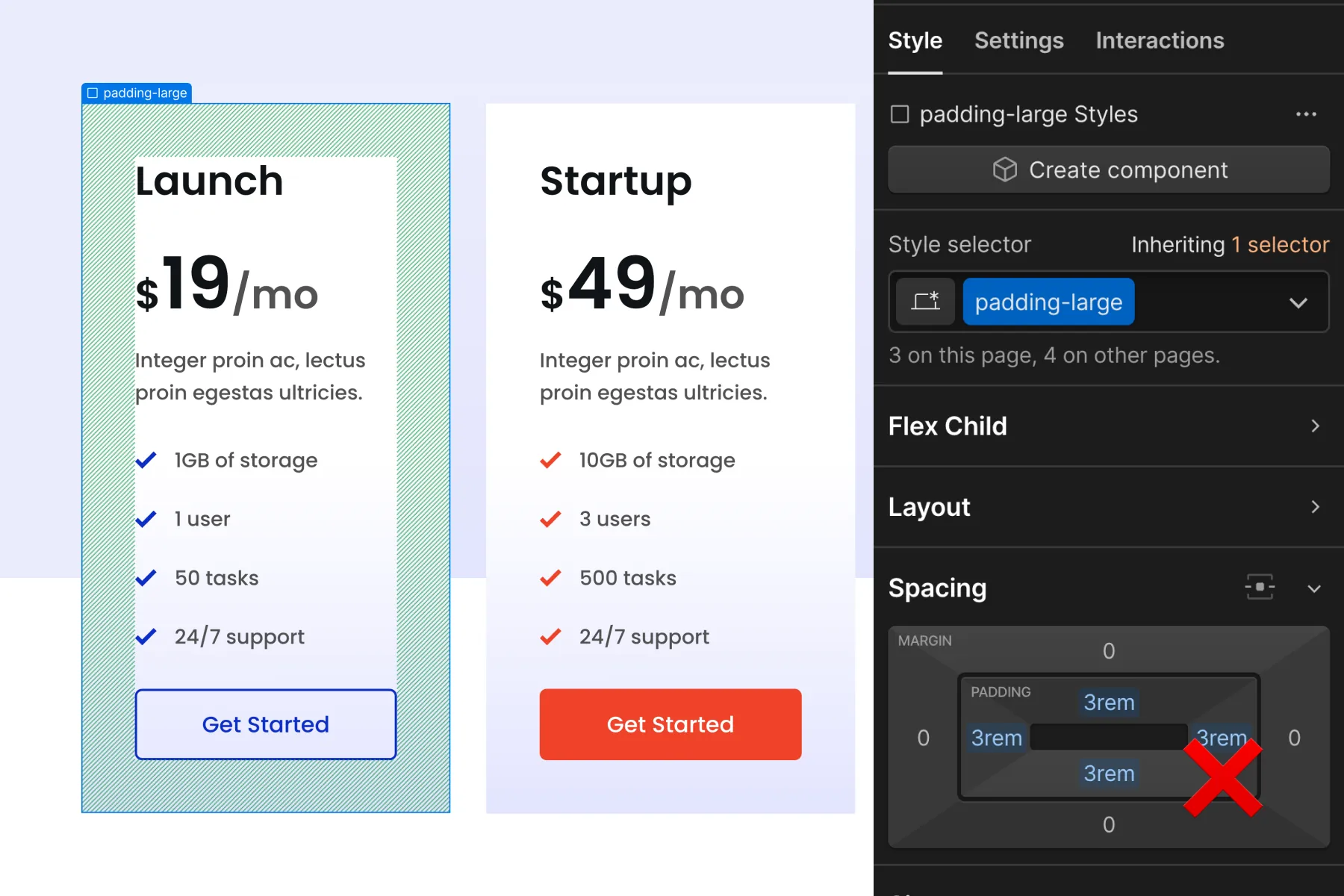 Cкриншот 17 интерфейса Webflow для раздела Стратегия отступов