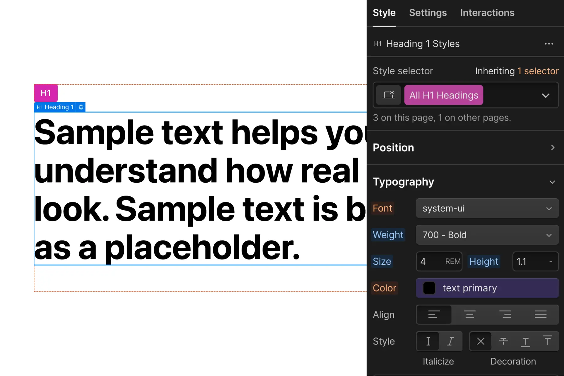 Cкриншот 1 интерфейса Webflow для раздела Стратегия типографики
