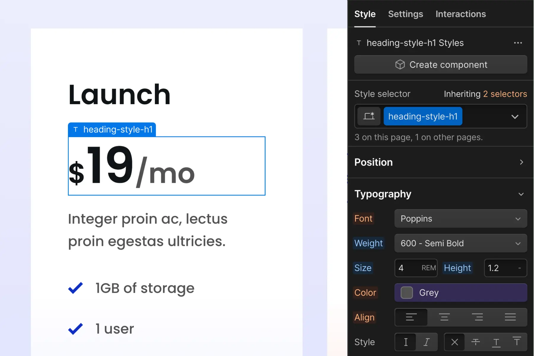 Cкриншот 5 интерфейса Webflow для раздела Стратегия типографики