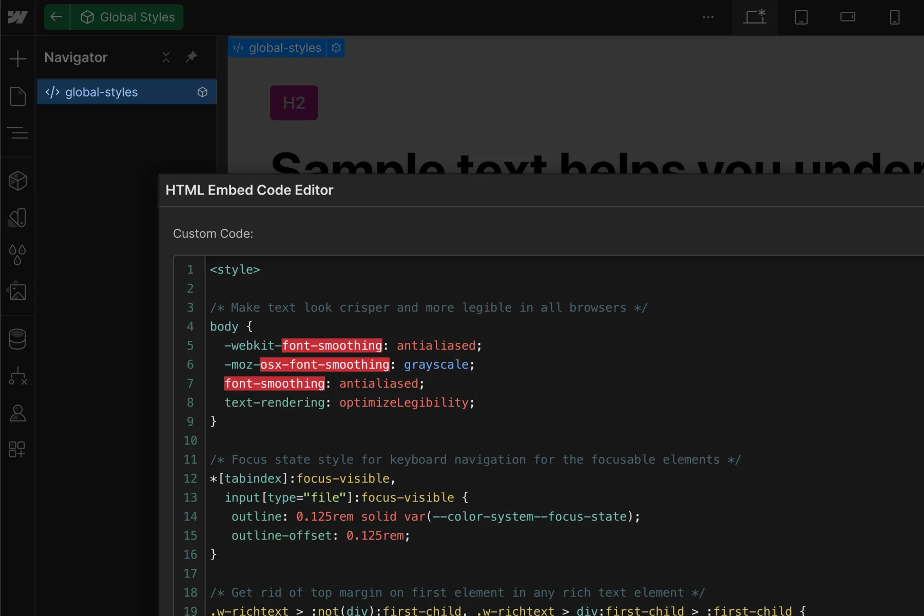 Cкриншот 2 интерфейса Webflow для раздела Системы служебных классов